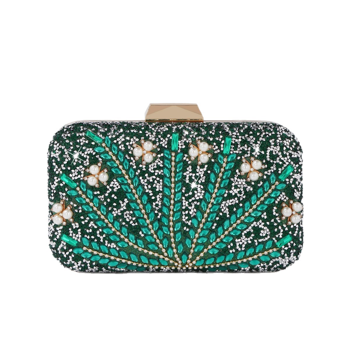 Luxury Bags Green - حقيبة كلاتش مسائية فاخرة مزينة بحجر